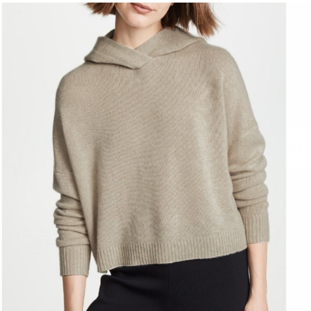 Theory 100% Cashmere Crop Hoodie Minimalist Neutral Taupe Beige Hooded Sweater